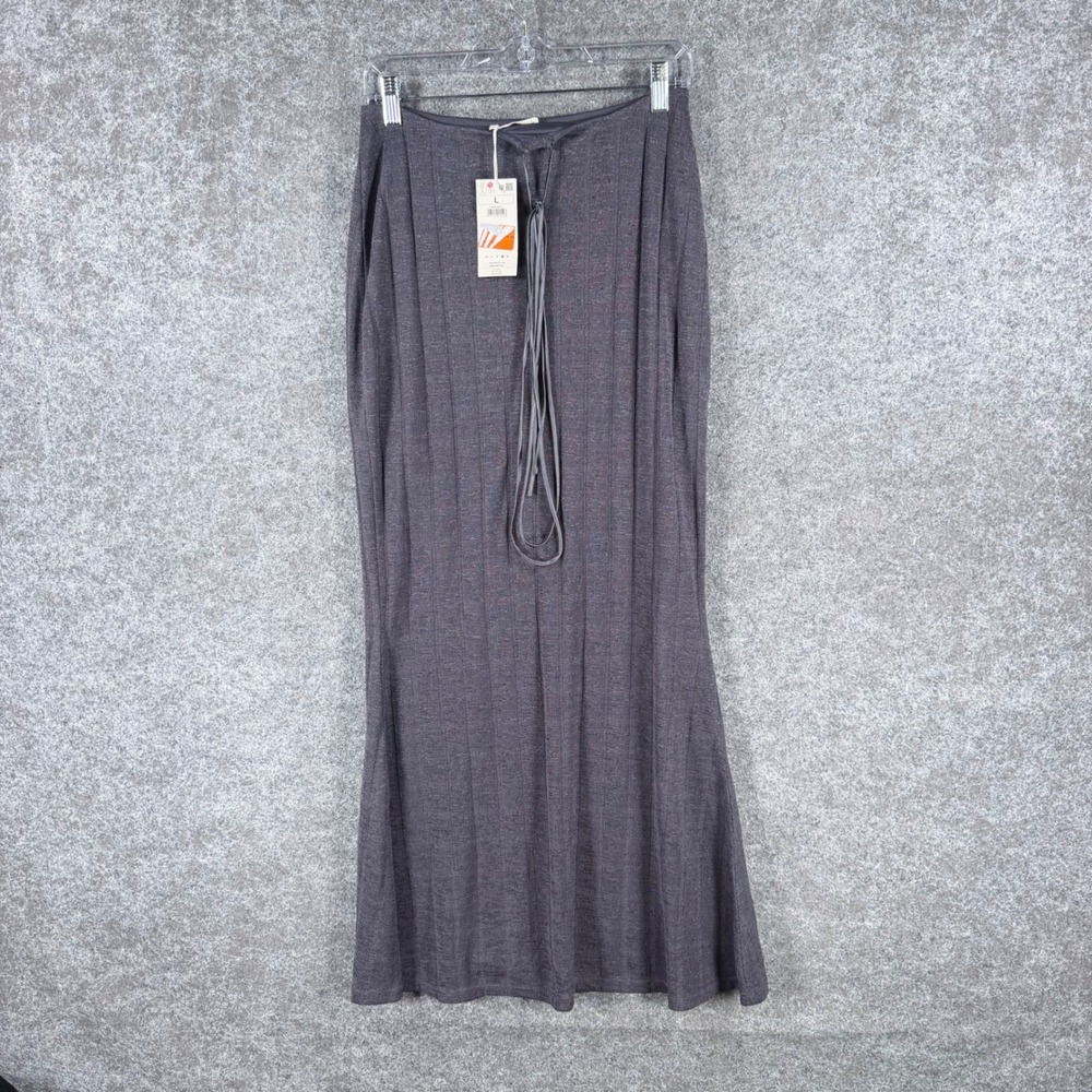 Reserved Womens L Charcoal Gray Maxi Skirt Tie Front Layered Knit Stretch NWT